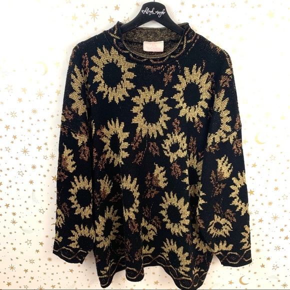 Vintage Sweaters - Vintage | Metallic Sunflower Print Comfy Sweater